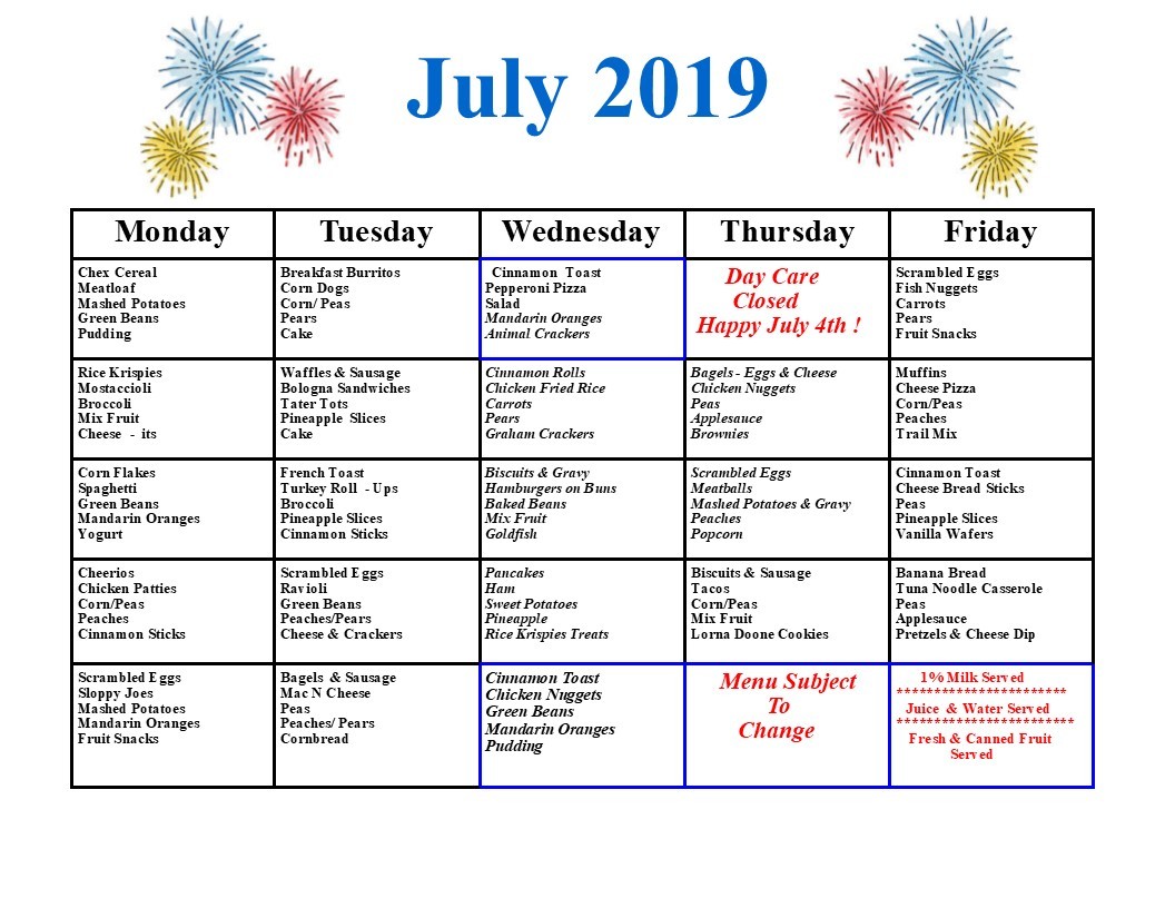 July Menu 2019