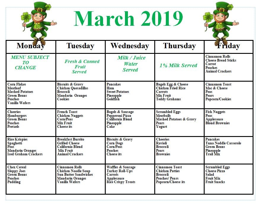 March 2019 Menu