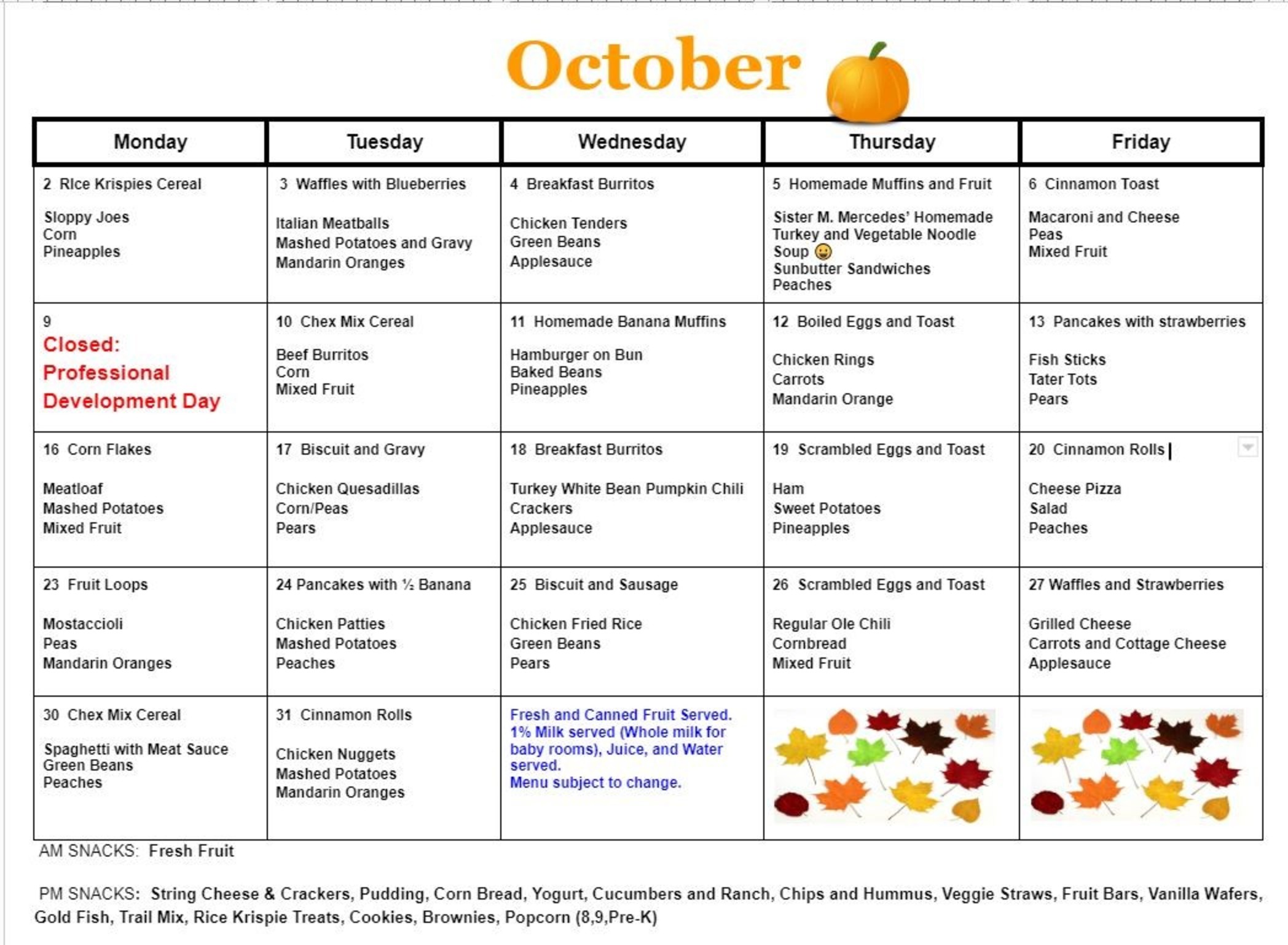 Lunch Menu | St. Francis Day Care Center